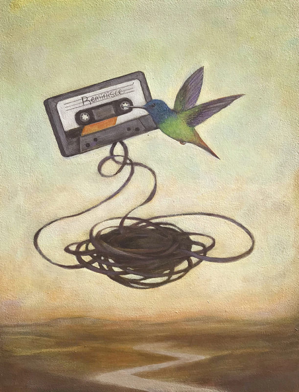 Duy Huynh painting - Reminisce (hummingbird with mix tape)