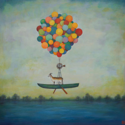 Duy Huynh painting - Whatever Floats Your G.O.A.T, a goat in a boat with a windmill and balloons