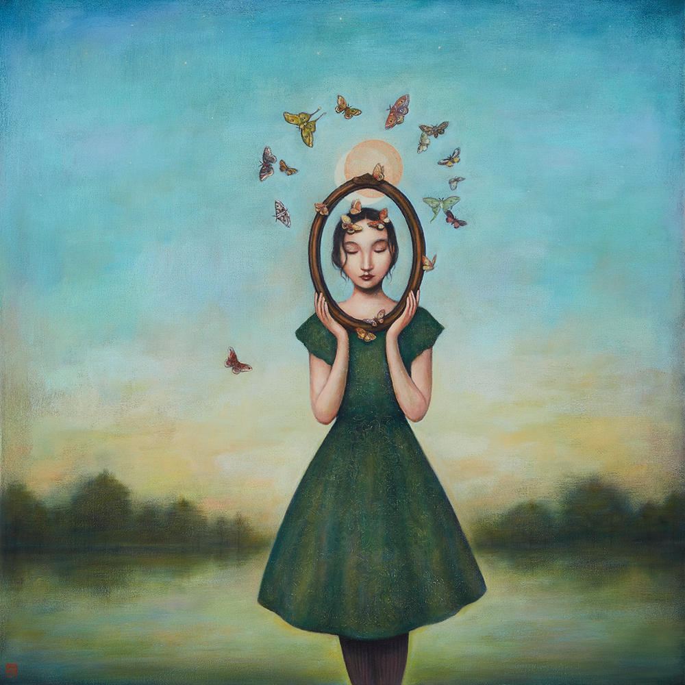A delicate painting of a woman standing in an open field. She is holding an empty, oval frame in front of her face and she has a cloud of birds around her