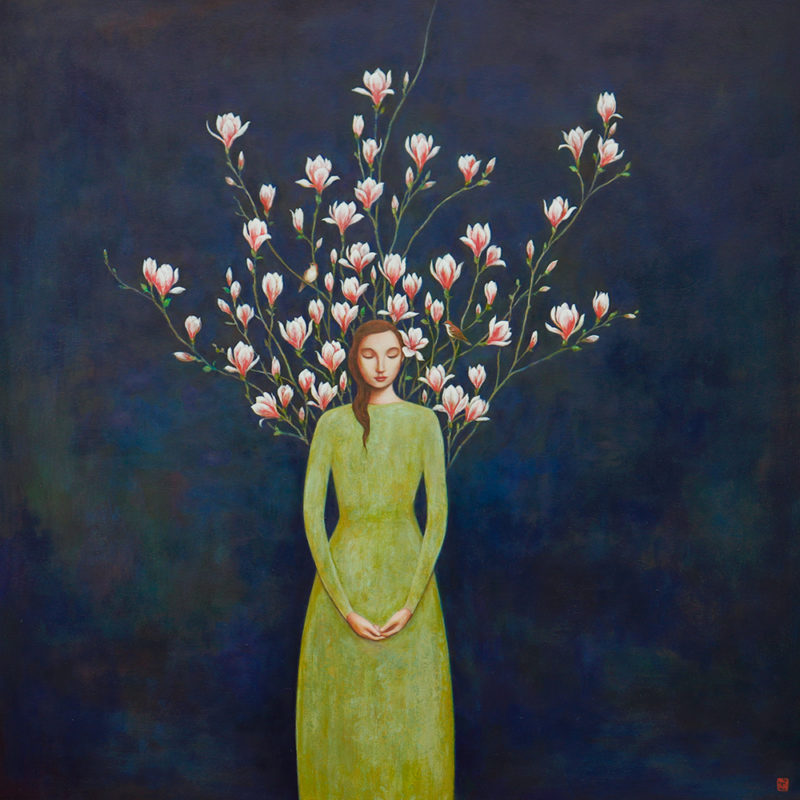 Duy Huynh painting - Rooted, woman with Japanese magnolia and russet sparrows